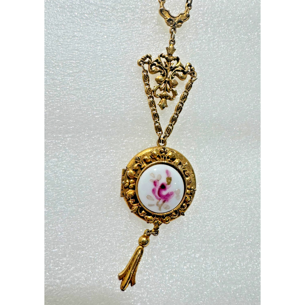 Vintage Porcelain Pink Floral Locket Victorian Style Double Strand Chain Pendant